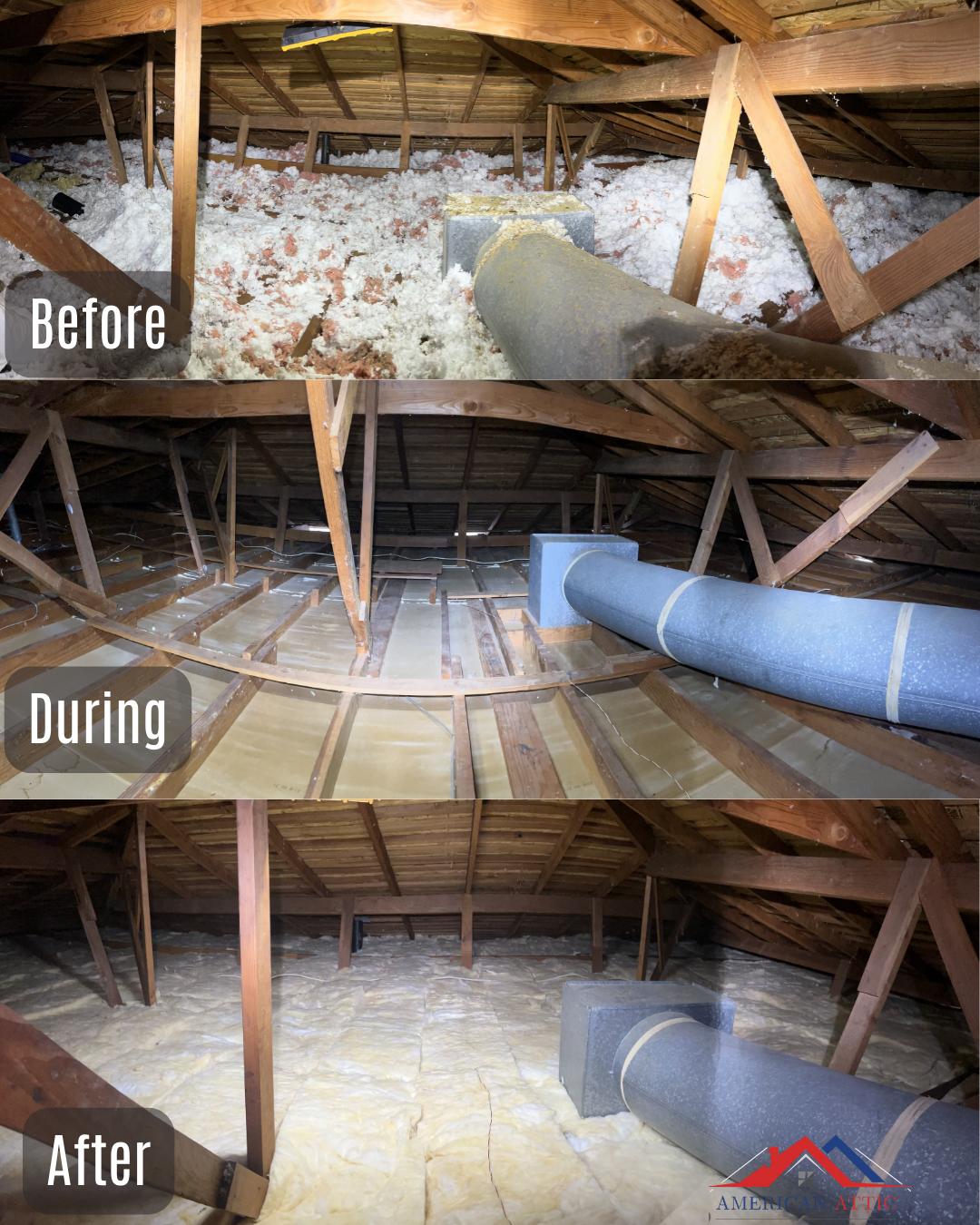 Before and after attic cleaning in Oakland CA showing insulation removal and cleanup