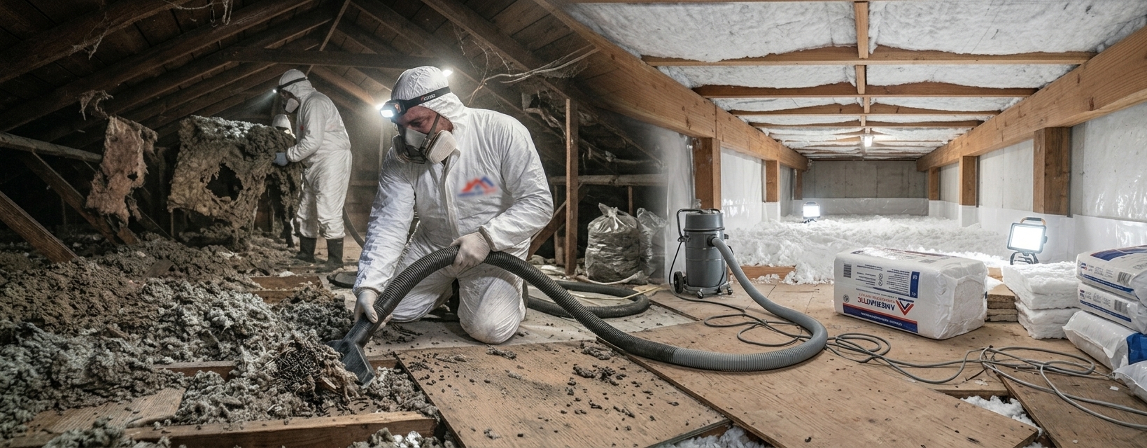 Before and after rodent contaminated attic cleanup in Oakland CA