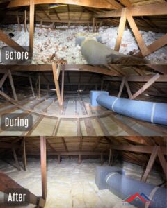 Attic cleaning before and after service in Oakland showing insulation removal and replacement